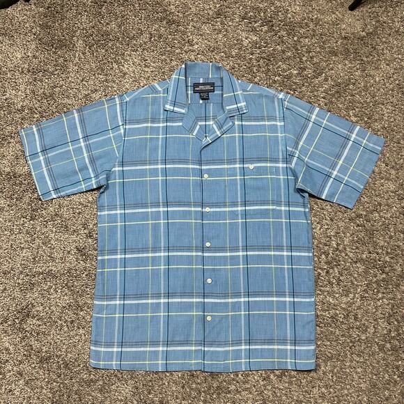 Vintage 80s Plaid Shirt Button Up Short Sleeve Lightweight Polyblend Blue Medium - Picture 7 of 7